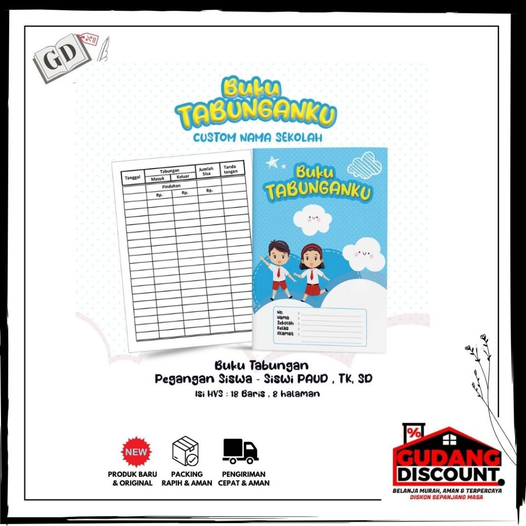 

Buku Tabungan Custom Nama + Cover & Lembaga Sekolah Berserta Alamat Tabungan Sekolah PAUD, TK, SD Varian Biru Awan