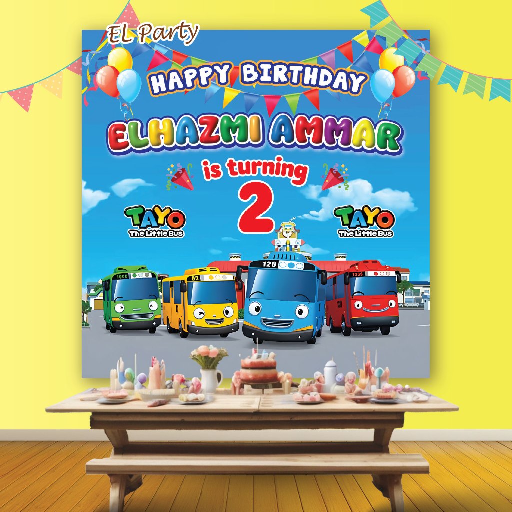 Banner Ulang Tahun TAYO Bus Spanduk Ultah Kostum Karakter Background Backdrop Dekor Birthday Party