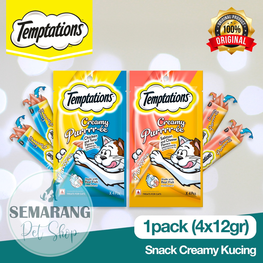 Snack Kucing TEMPTATIONS Creamy Pure 48gr - 4x12gr | Salmon Cheese Tuna Chicken | Cat Liquid Treat