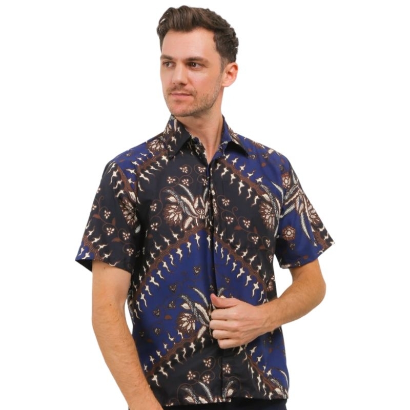 STRBTQ Baju Batik Pria Hem Batik Pria Kemeja Batik Pria Lengan Pendek Keris Navy