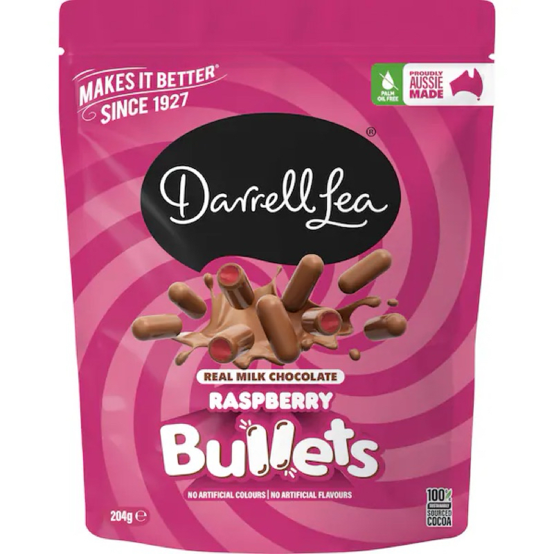 

Darrell Lea Milk Chocolate Raspberry Bullets Share Bag 204g - Australia