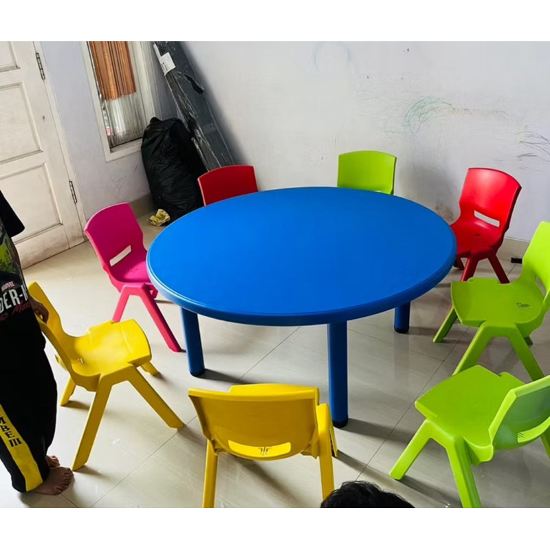 PAKET MEJA KURSI PAUD ANAK SEKOLAH BULAT KAKI BESI PLASTIK HDPE WARNA WARNI PAUD BIMBEL LES SEMPOA M