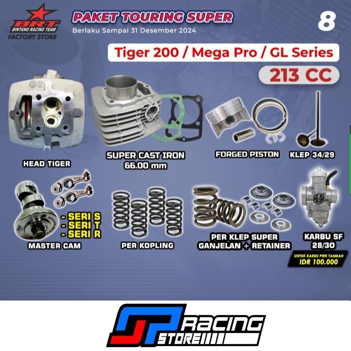 Paket Bore Up Tiger 200/Mega Pro Primus/GL-Head-Blok Piston-Cam--Per Klep-Karbu-BRT Paket Touring 8