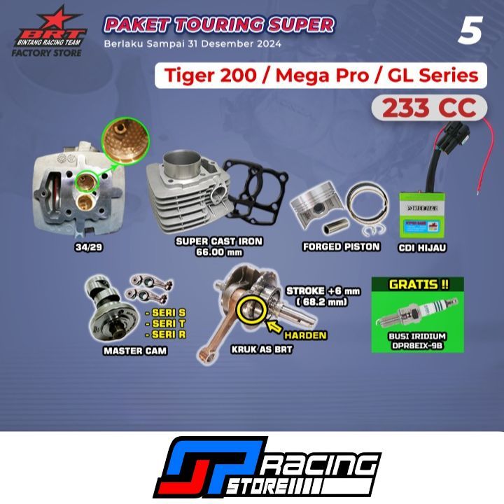 Paket Bore Up Tiger 200/Mega Pro Primus/GL-Head-Blok Piston-CDI-Cam-Kruk As-BRT Paket Touring 5