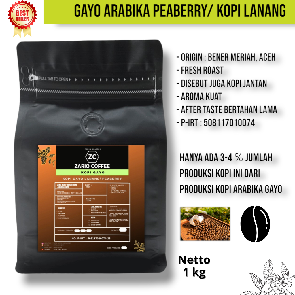 

Kopi Arabika Gayo Peaberry Kopi Lanang 1 Kg Roastbean dan Bubuk Zario