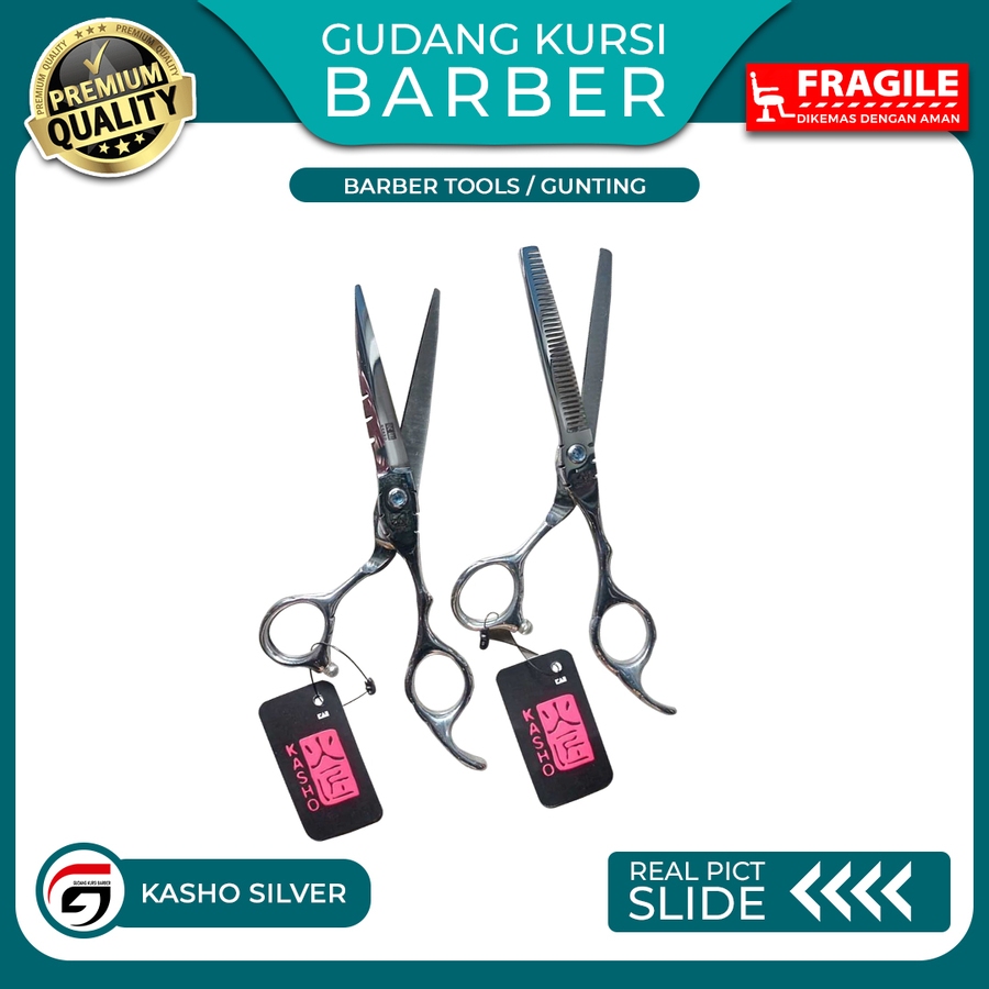 Gunting Kasho Silver Full Stainless Steel Gunting Potong dan Penipis Rambut Barbershop dan Salon 6 i