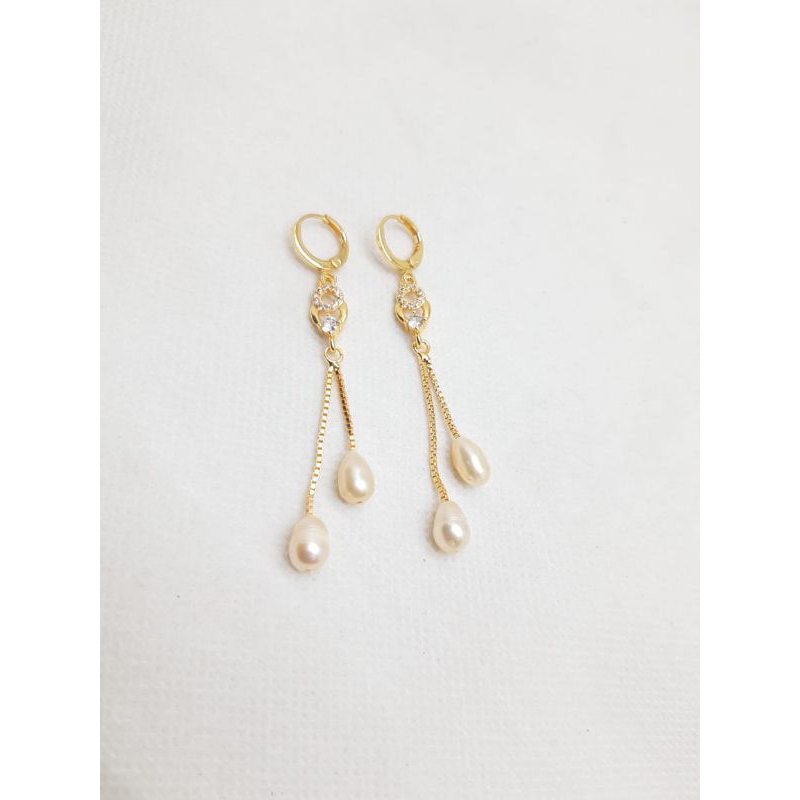 ORI ANTING RUMBAI MUTIARA ANTING GANTUNG MUTIARA ASLI AIR TAWAR LOMBOK RHODIUM MEWAH KEKINIAN HOOKS 