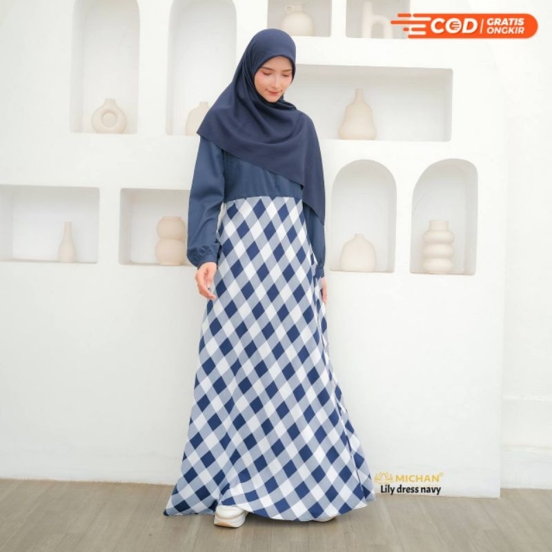 Gamis Wanita Kotak Kotak Wolfis Kombinasi Polos Katun Toyobo Lily Square Dress by Michan