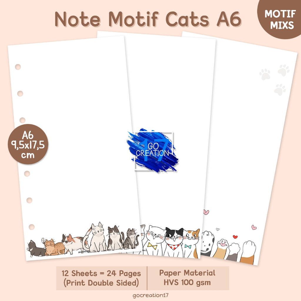 

Buku Planner Refill Kertas Binder Note Polos Plain Cats Motif Premium A6