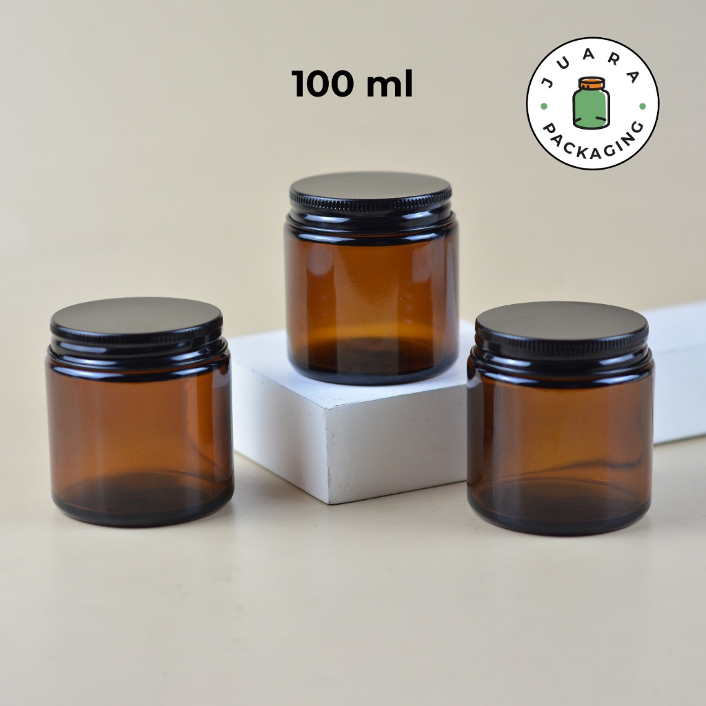 Toples Pomade Kaca Amber 100gram Tutup Aluminium Hitam – Jar Kaca Coklat Tebal untuk Lilin Aromatera