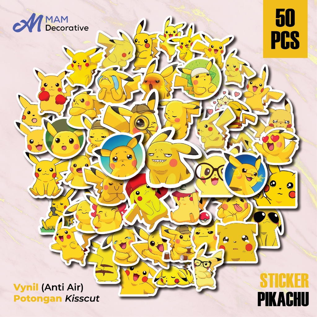 

50 PCS STIKER PIKACHU | Vinyl Waterproof | Stiker Helm Buku Journal Casing HP Laptop
