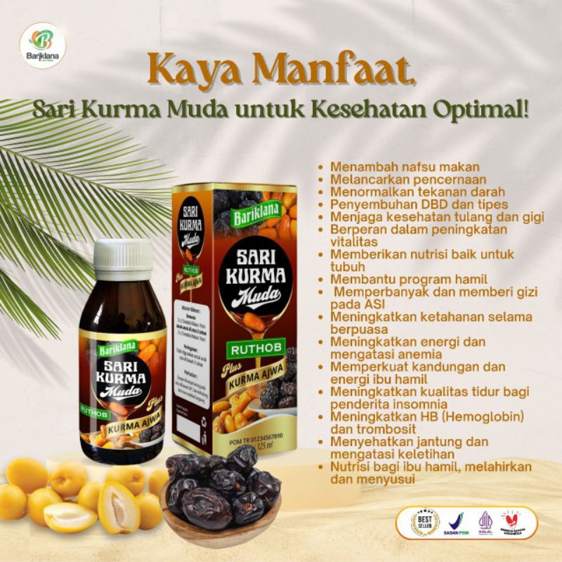 

Free Jahe Merah Sari Kurma Muda Ruthob Plus Kurma Ajwa 125ml BPOM by Bariklana insan Herbal