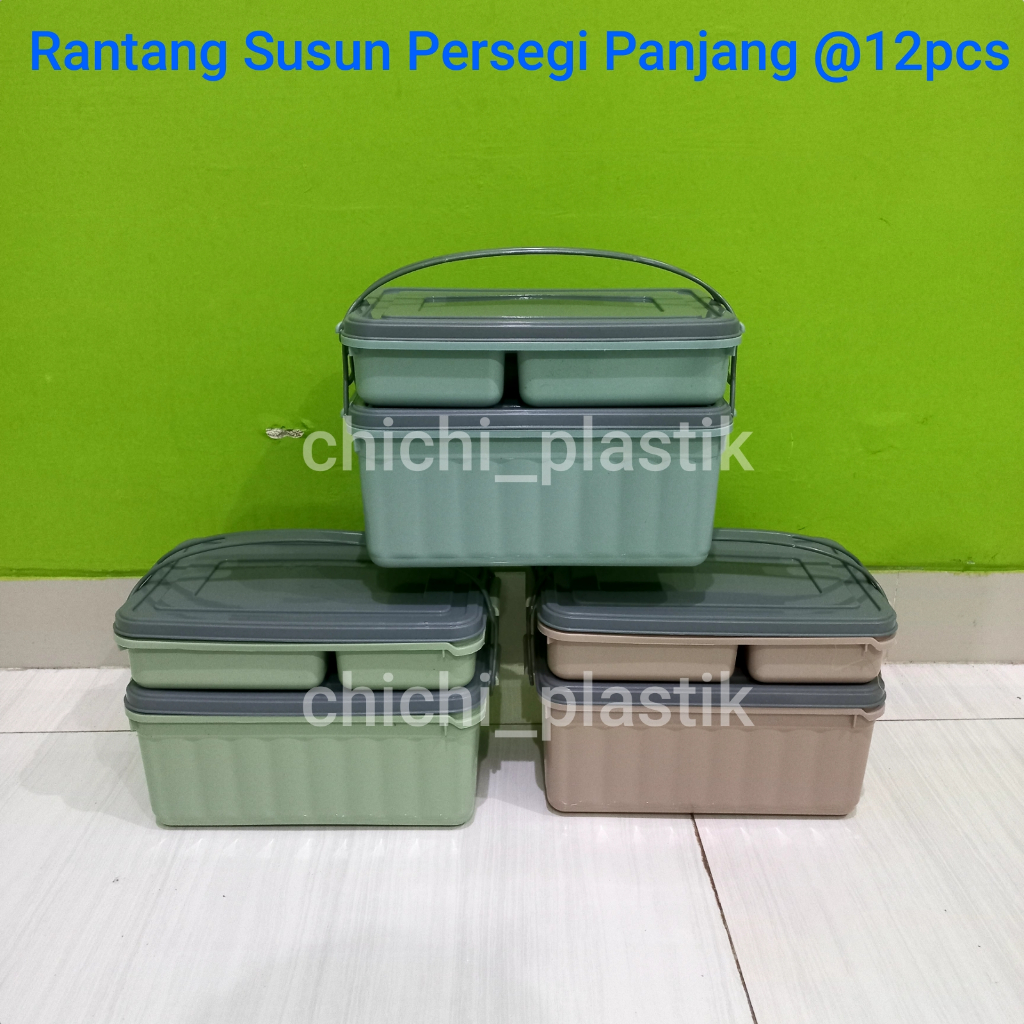 12PCS Rantang susun persegi panjang 2 susun 4 sekat rantang hajatan besar rantang plastik rantang pi