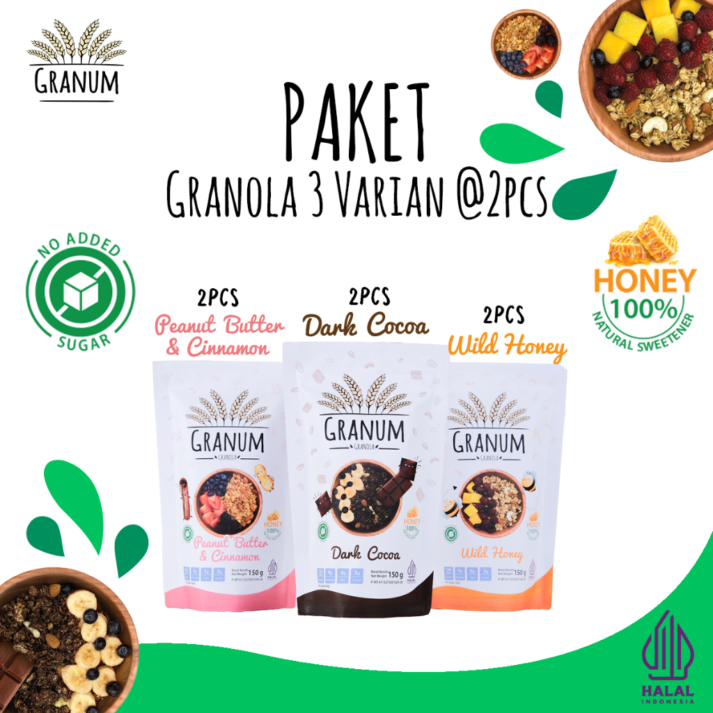 

Granum Granola - Paket 3 Varian 150gr (2 Wild Honey - 2 Dark Cocoa - 2 Peanut Butter & Cinnamon) 100% Honey (No Added Sugar)