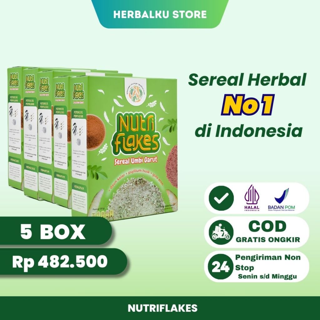 

NUTRIFLAKES 5 BOX ORIGINAL- NUTRIFLAKES SEREAL UMBI GARUT ATASI ASAM LAMBUNG MAAG GERD LIVE COD