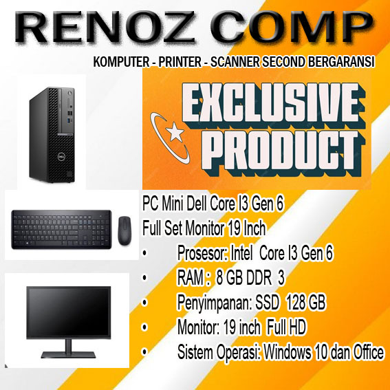Komputer Full Set Dell Core I3 Gen 6 Ram 8 GB SSD 128 GB Win 10 dan Office Garansi 1 Bulang - Second