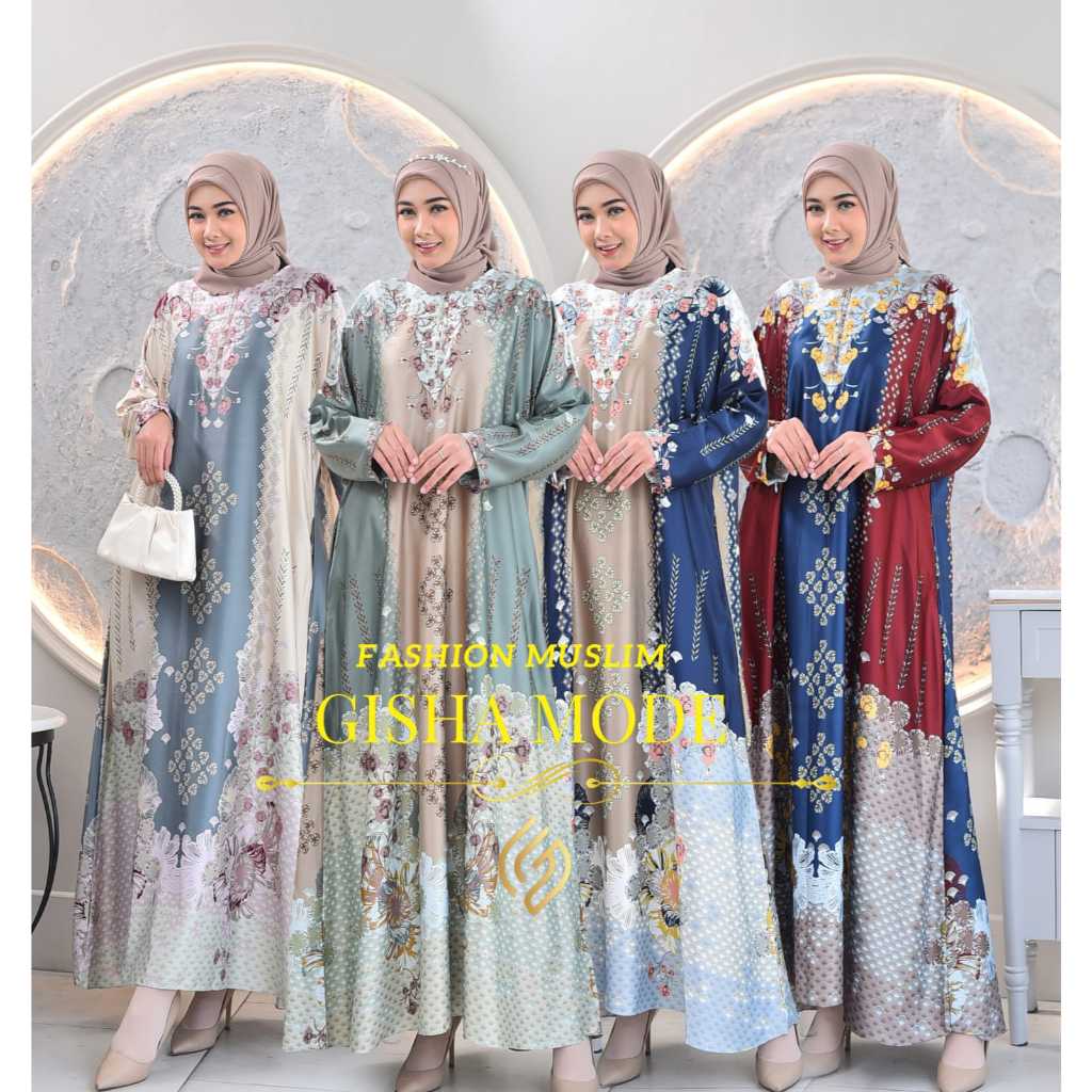 Gisha Collection-MEDINNA Gamis Abaya Bahan Silk Premium |Gamis Motif Jumbo Ld 130 cm Warna Navy,Crea