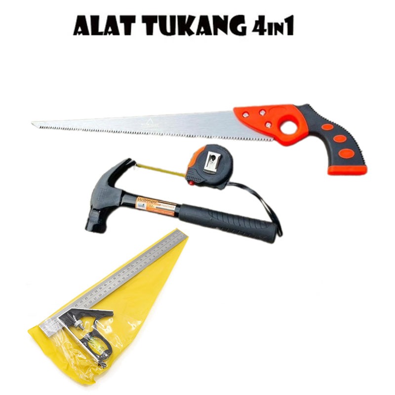 Paket Lengkap Alat Tukang 4in1- Gergaji Kayu Palu Kambing Cabut Paku Penggaris Siku Waterpass Metera