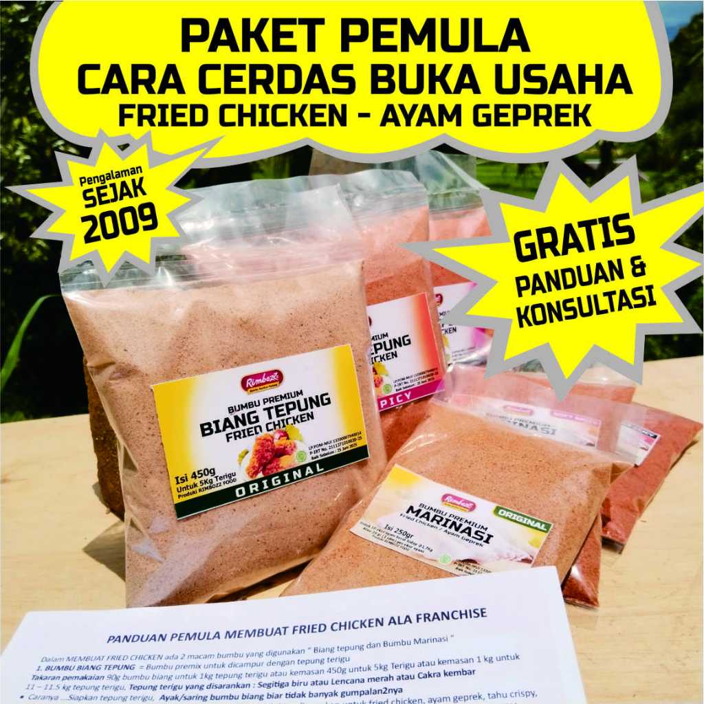 

Paket Tutorial membuat fried chicken untuk usaha PEMULA, Bumbu lengkap + Panduan + Konsultasi GRATIS