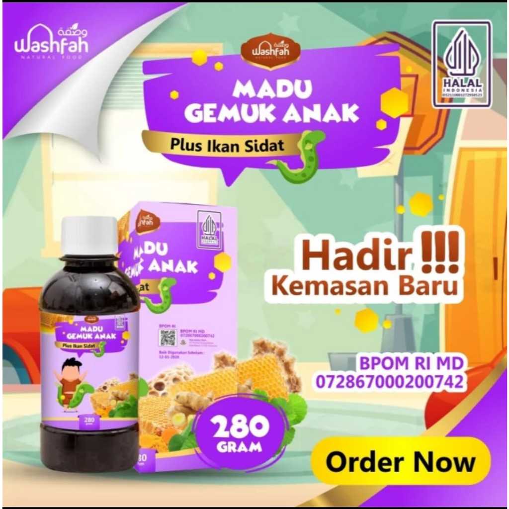 

Madu Gemuk Anak Sehat Plus Ikan Sidat Temulawak Pegagan Washfah 280gram