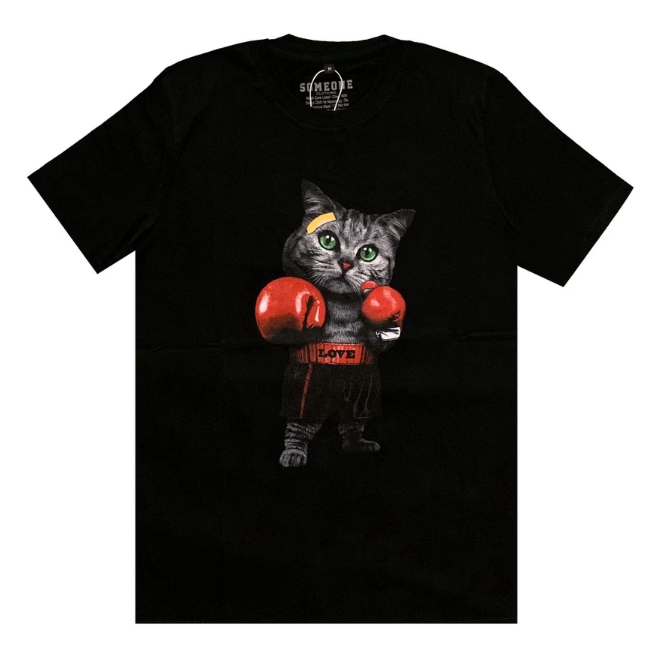 Kaos distro T shirt "Cat Boxer" Black combed 24s