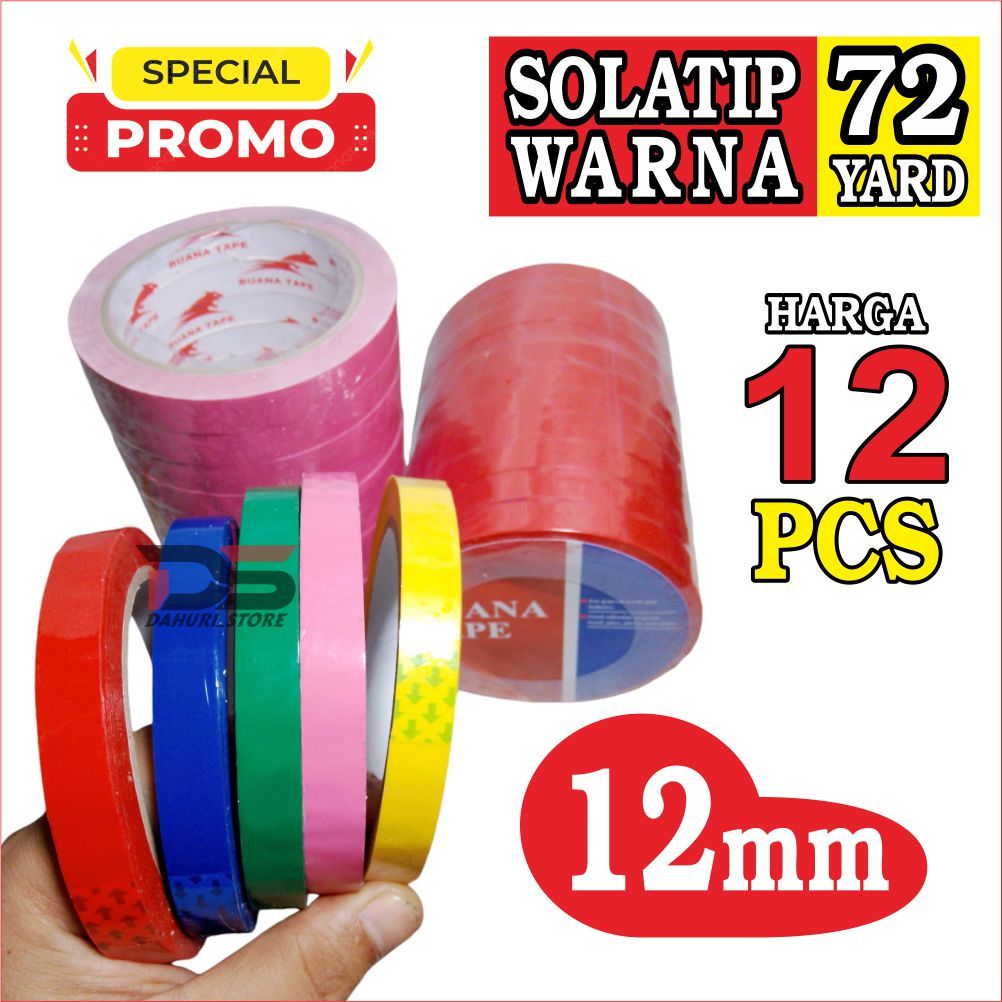 

LAKBAN WARNA 12mm X 72 yard, SOLATIP KECIL 12mm WARNA MERAH,BIRU,KUNING,HIJAU,PINK harga 12 pcs