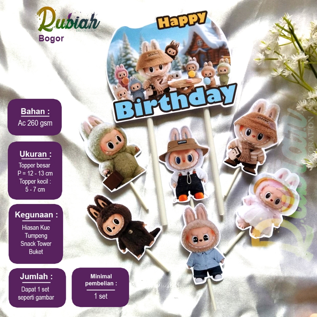 Custom Nama Foto Topper cake karakter Labubu Hiasan Kue Ulang Tahun Snack Tower Buket Tumpeng