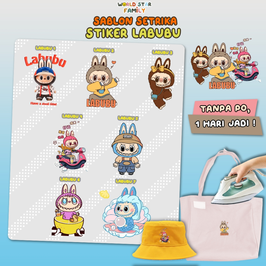 

WSF Stiker Kain LABUBU Stiker DIY Souvenir Ulang Tahun Sablon setrika Stiker label STIKER LABEL BAJU MURAH Sablon DTF