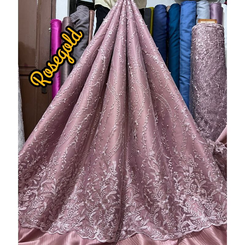 Kain Tile Tulle Akar Mutiara Bordir Atas Bawah / Bahan Brokat Kebaya Murahe Pasti Promo