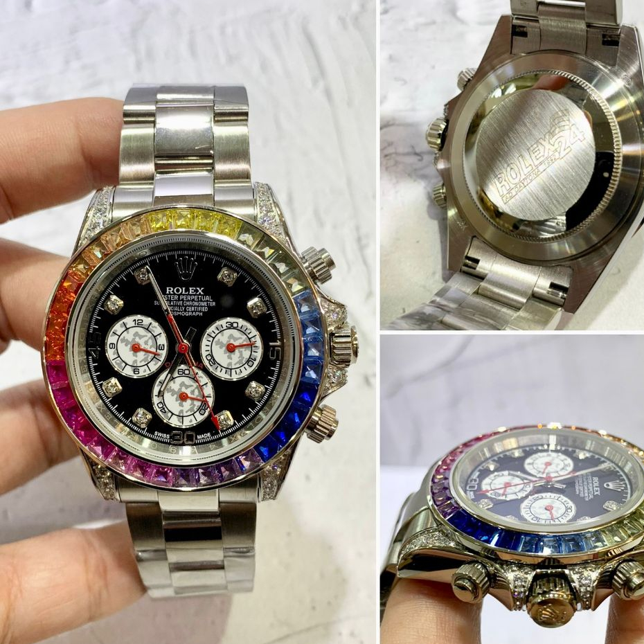 Jam Tangan Rolex Daytona Diamond Automatic Chronograph 40mm Silver Dial Black