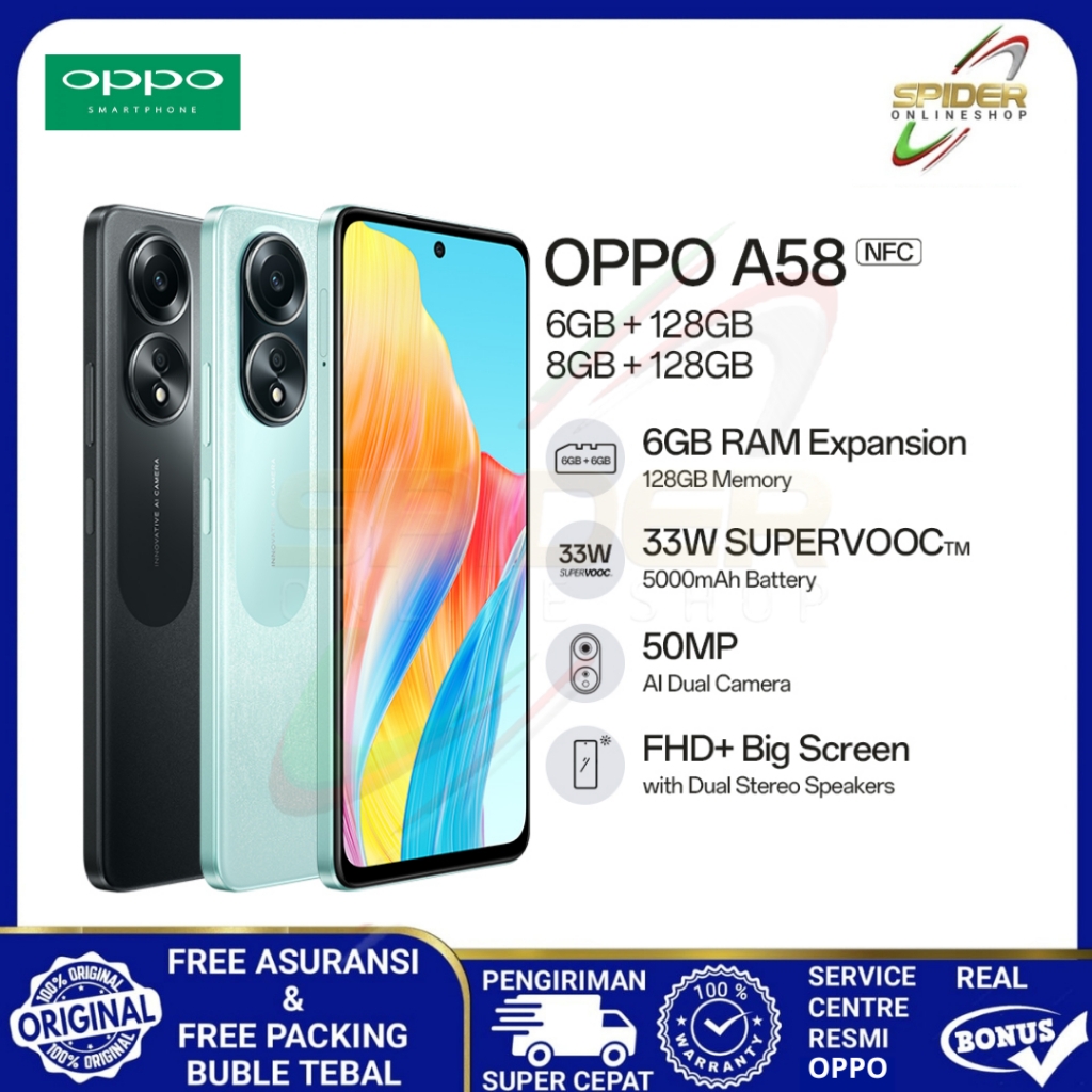 HP OPPO A58 RAM 8GB ROM 128GB GARANSI RESMI INDONESIA