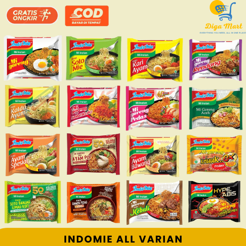 

Indomie All Varian (goreng, soto, rendang, kari ayam, kriuk pedas, ayam pop, geprek, rawon mercon, soto banjar, sambal rica, ayam bawang, ayam spesial, kebuli, goreng pedas)