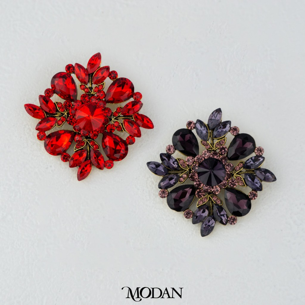 Modan - Elegant Large Round Flower Brooch with Teardrop & Marquise Rhinestones Bros Hijab Mewah Vint