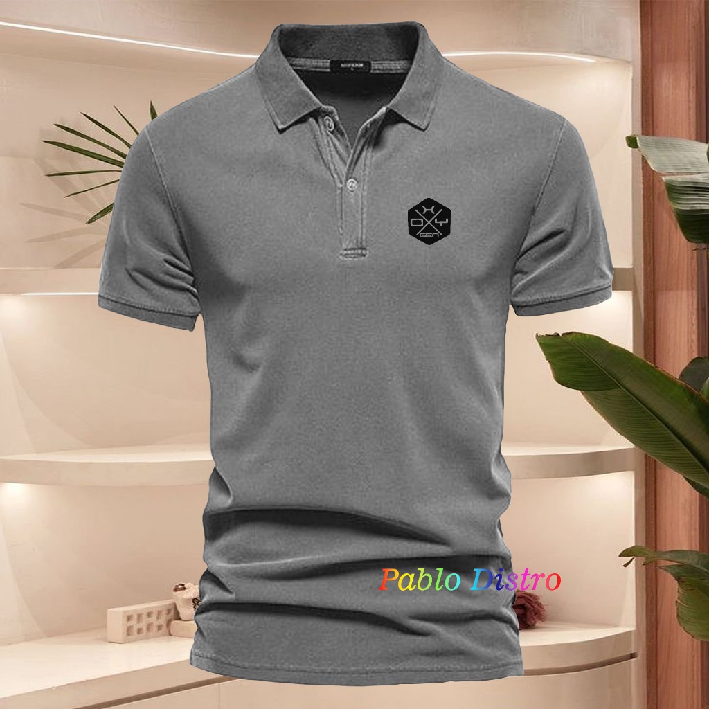 Baju Distro Style Polo Kerah Oxigen Petak Text Hitam Kaos Polo T Shirt Denim Premium Quality Atasan 