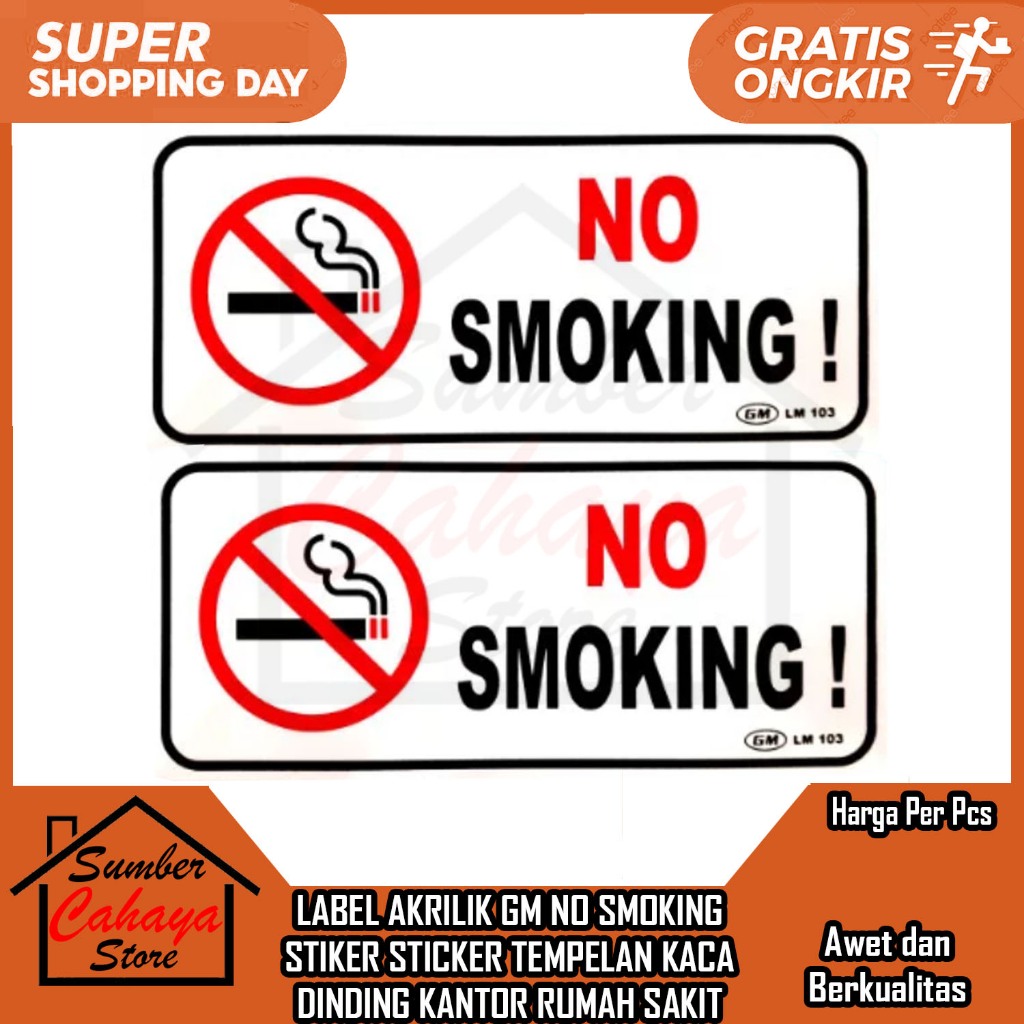 

Papan Akrilik Stiker GM No Smoking Petunjuk Sign Dilarang Merokok Board Tulisan Ruangan Akerilik Larangan Acrilyc Kuat Tempel Kaca Label Lengket Double Tape Gantung Rumah Kantor Toko