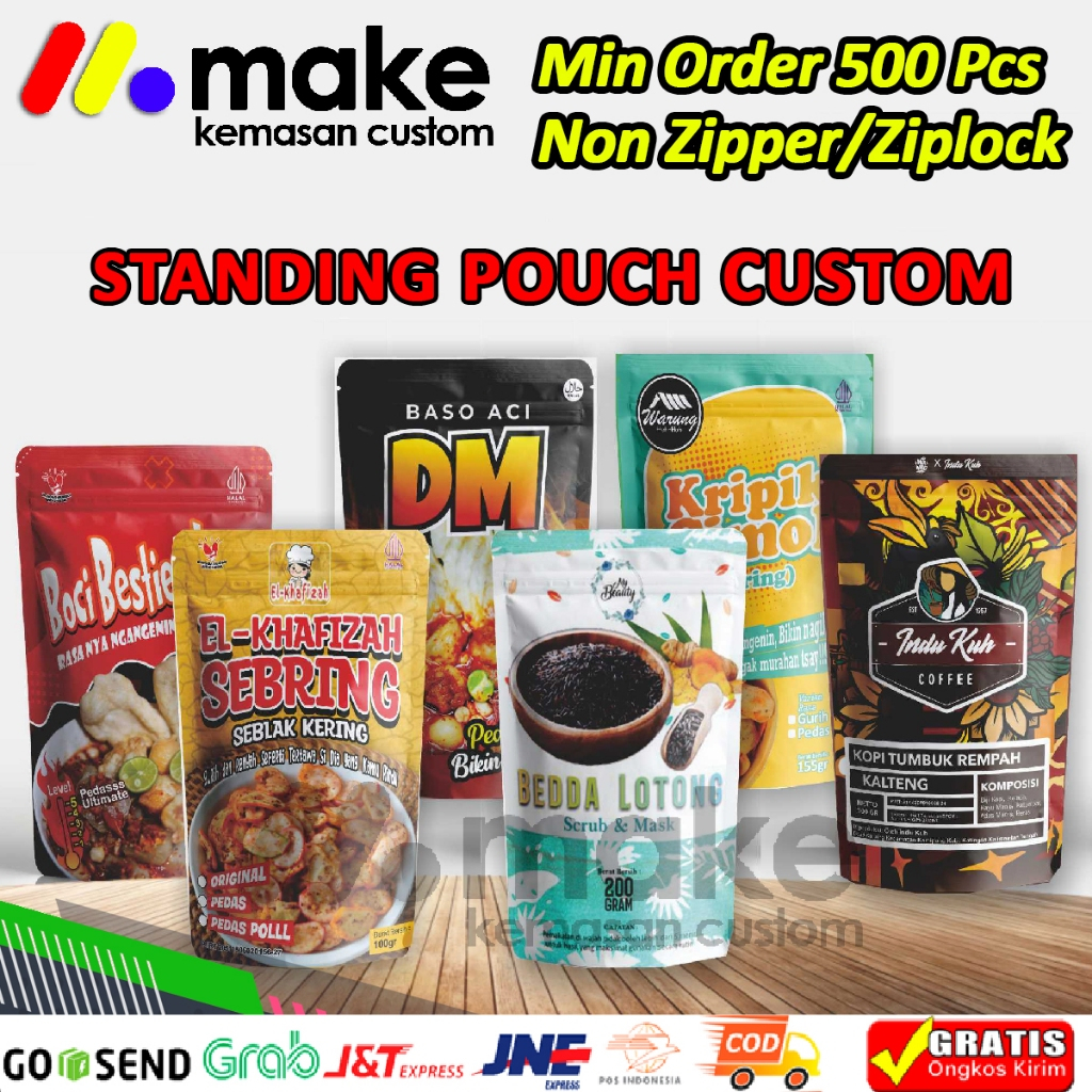 500 Pcs - Cetak Standing Pouch Custom Sekali Sobek Non Zipper Full Printing Kemasan Makanan Plastik