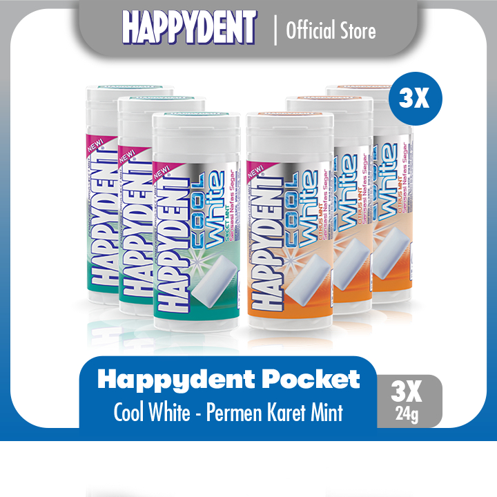 

Happydent Cool White Pocket Bottle Citrus/Sweet Mint 28g - Permen Karet Rasa Jeruk/Manis Mint (3 Bottles)