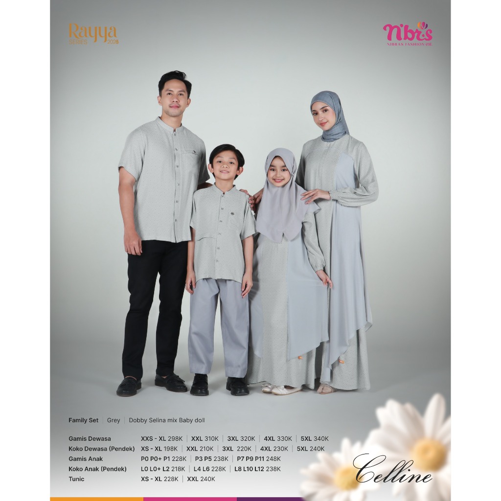 Baju Muslim Celline Grey Rayya 2025 Sarimbit Nibras Koko Gamis Tunik Dewasa & anak set family couple