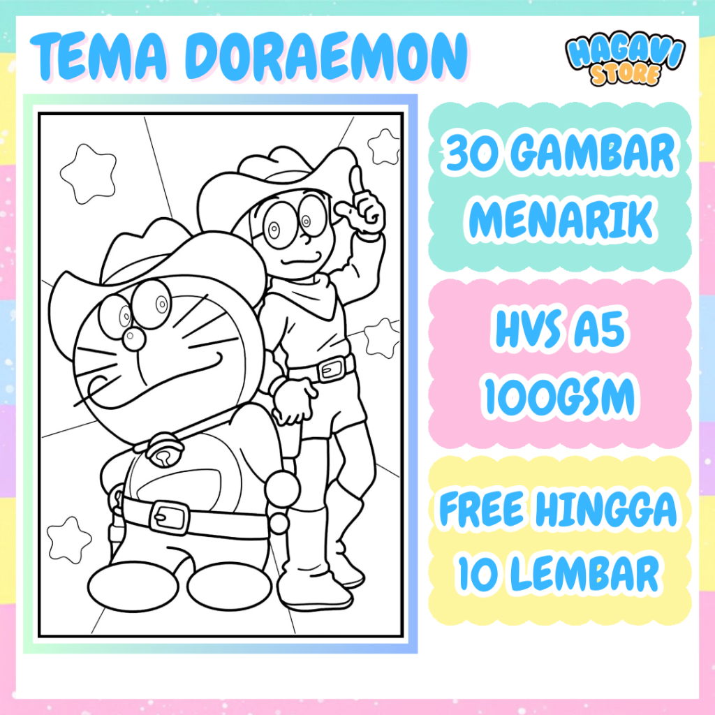 

30 Gambar Kertas mewarnai anak Coloring Sketa (HVS A5 100gsm) Tema Doraemon