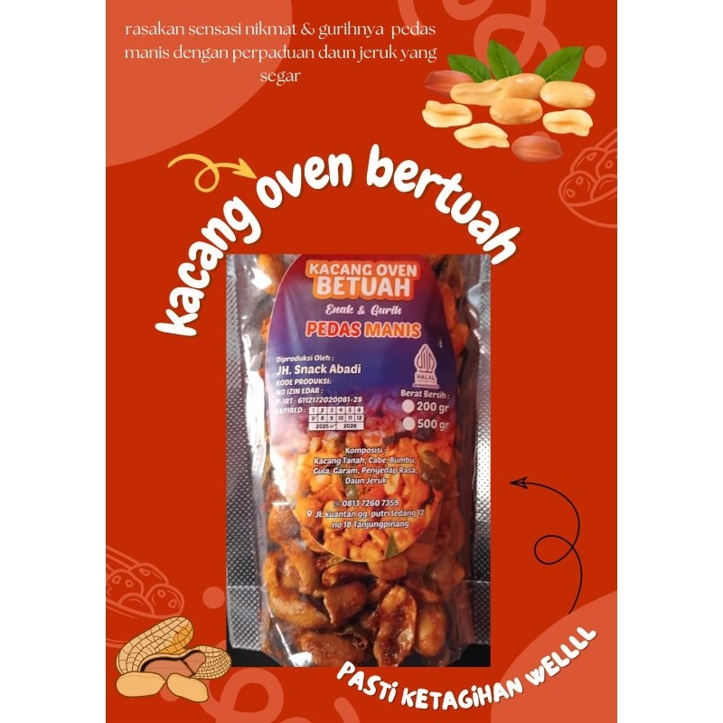 

kacang oven enak dan gurih, pedas manis dengan perpaduan daun jeruk yang segar.