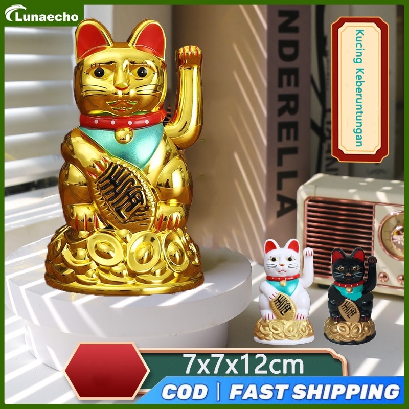 

23bagusmenshop - Patung Kucing Hoki Maneki Neko 12cm Pajangan Rejeki Lucky Cat Qian Gold