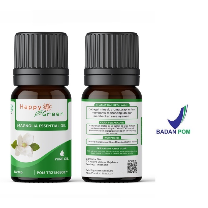 BPOM Happy Green Magnolia Essential Oil  - Minyak Bunga Michelia Alba Cempaka Putih Kantil 100% Murn