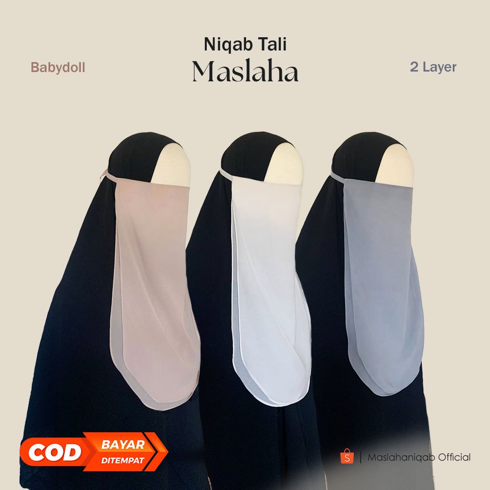 Maslaha Niqab l Niqab Tali 2 Layer Maslaha l Cadar Tali Babydoll Tanpa Jahitan Dibawah Mata
