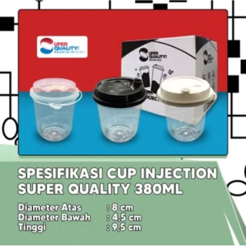 Thinwall / Gelas Cup Injection Datar 380ml 12oz / PP Cup Injection Reusable Tebal Kuat + Tutup / Gel