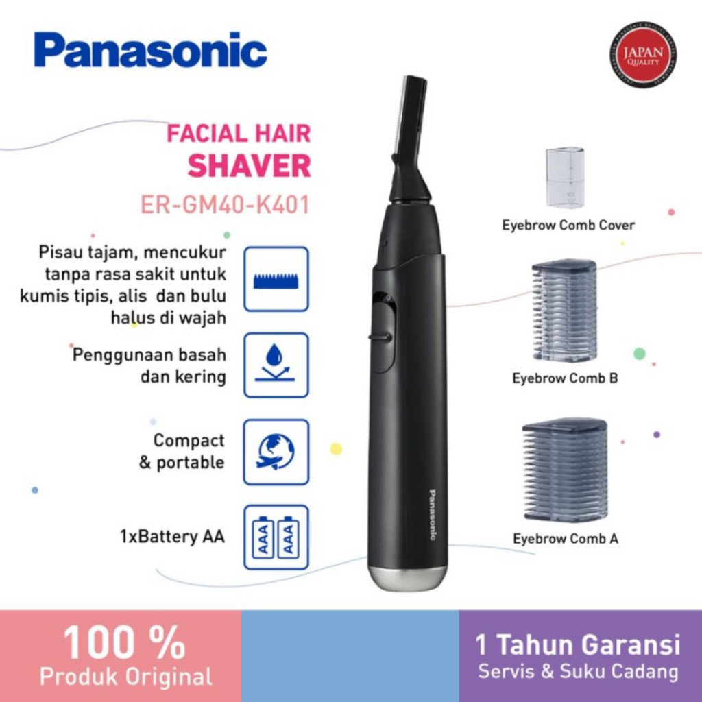Panasonic GM40 - Cukur Bulu Wajah dan Alis Hitam, Pengoperasian Basah/Kering, Baterai Tahan Lama