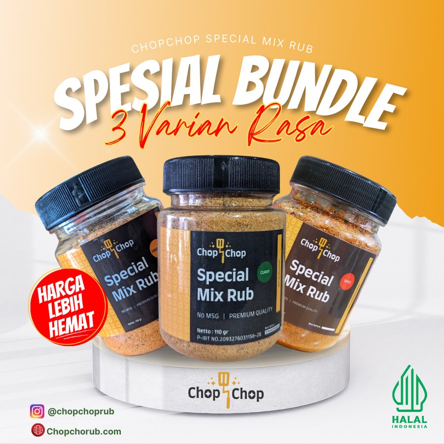 

Paket Bundle Chopchop Rub Kombinasi dengan 3 Varian - Ori, Curry, Spicy Bumbu Marinasi Rendah Kalori