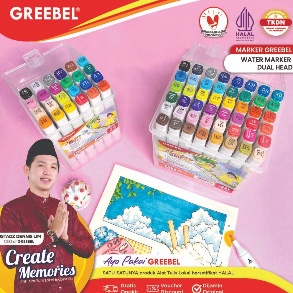 

KODE F27R GREEBEL Spidol Water Marker Dual Head Sketsa Marker Set Spidol Warna Warni 12 18 24 36 48 Warna