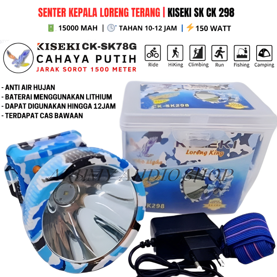 Senter Kepala KISEKI CK-298 | Senter Kepala LED BODY LORENG 150 Watt | Baterai Lithium Cahaya Super 