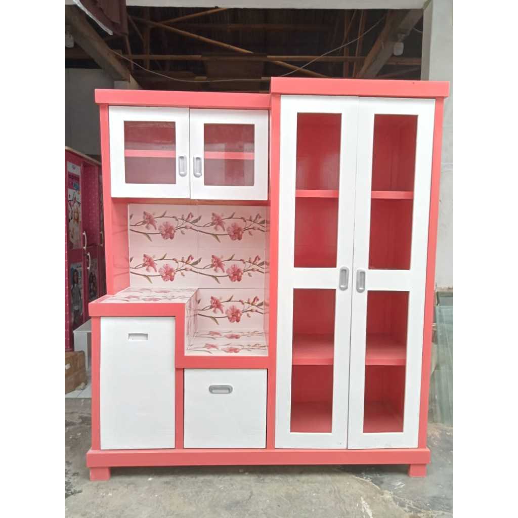LEMARI PIRING KAYU / RAK DAPUR / KITCHEN SET / RAK PIRING KAYU / LEMARI SAYUR 4 PINTU KACA
