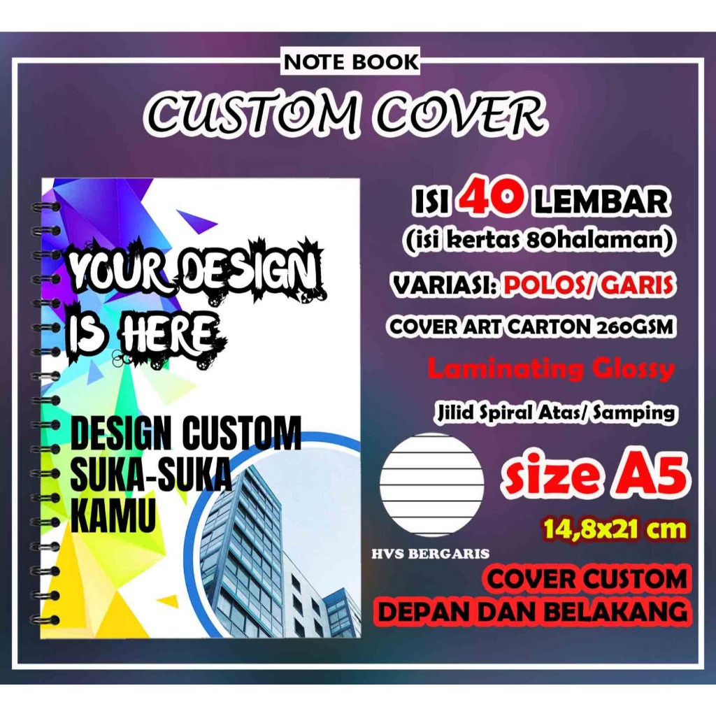 

Notes custom A5 / Notebook Spiral A5 HVS POLOS/GARIS - Cover Depan / Isi 40 lembar polos/garis - Minimal Pemesanan 6 pcs